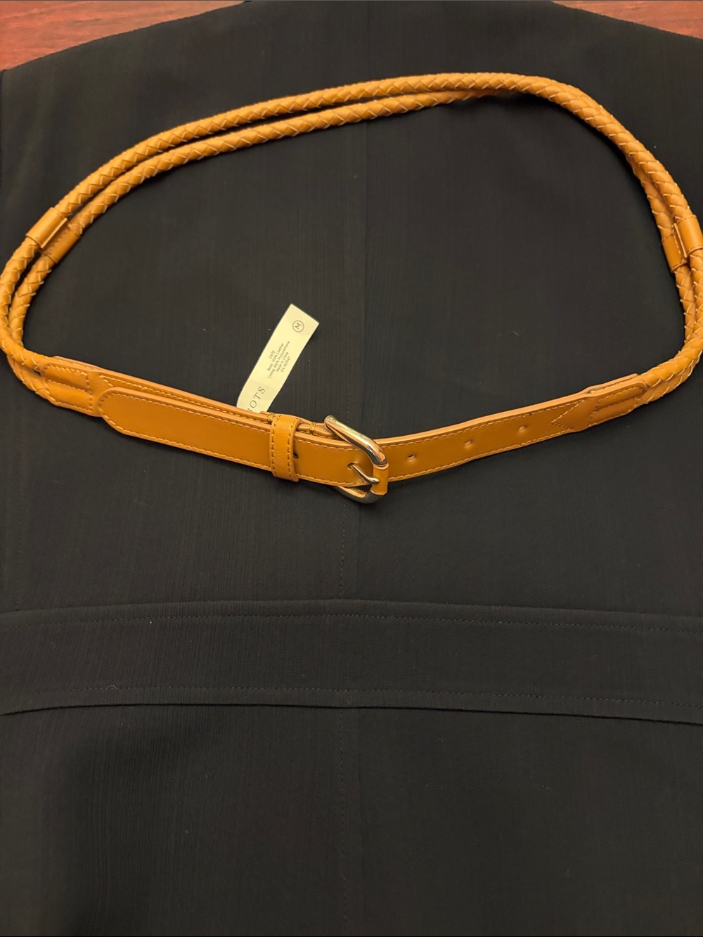 Talbots Braided Leather Waist Belt in Camel Brown with Gold Buckle